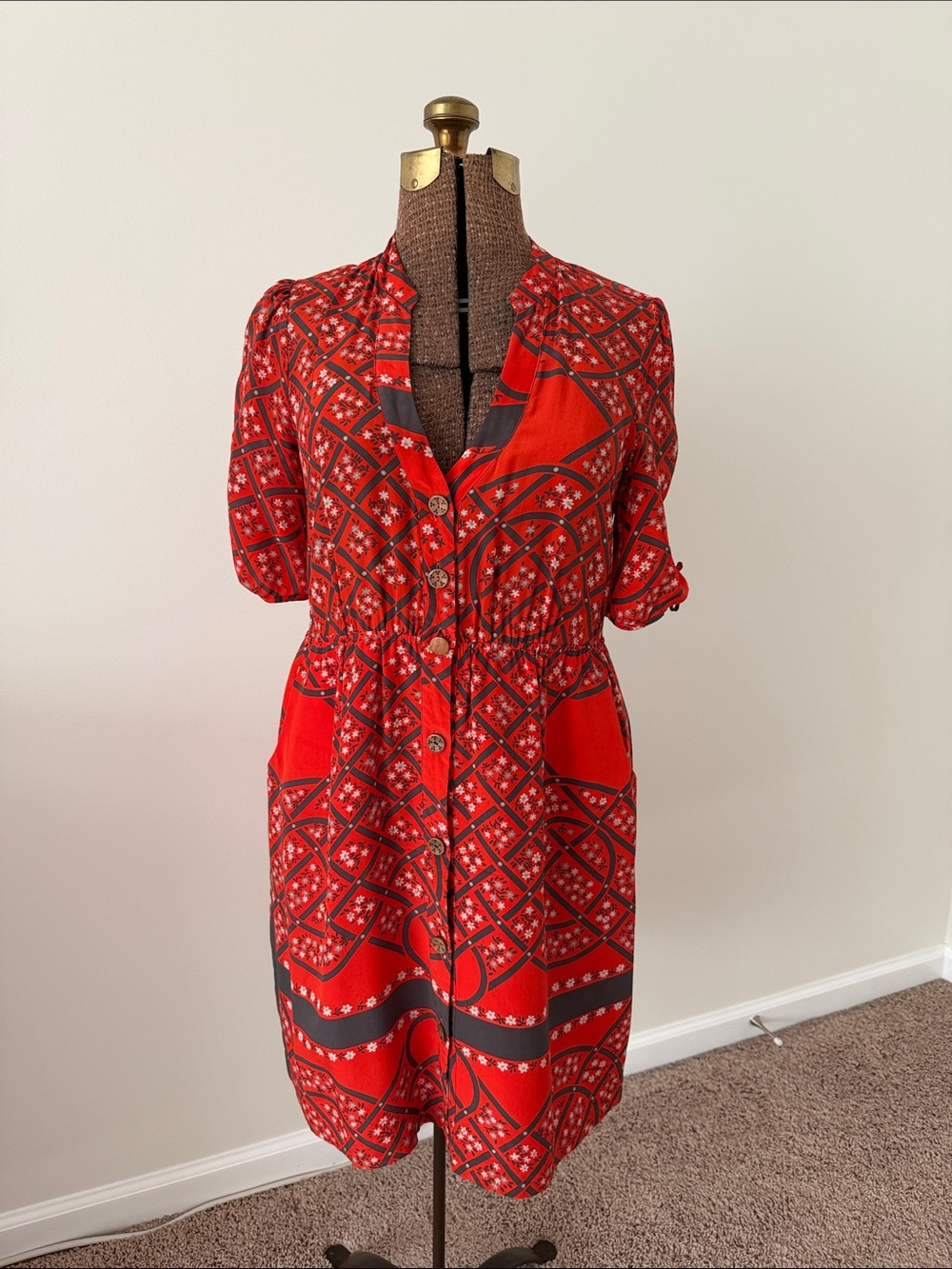 Anthropologie Red & Black Patterned Button-Front Mini Dress